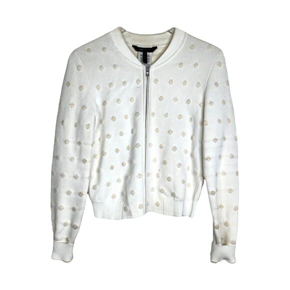BCBGMAXAZRIA Leesa Jacquard Polka Dot Knit Bomber Jacket FLAW White Ivory XS - Picture 2 of 9